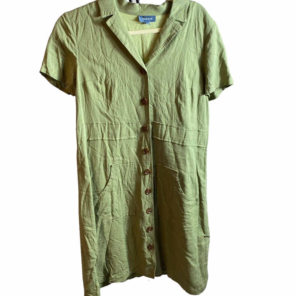 Modcloth Olive Green linen Blend/ Cotton lined Shirtdress short sleeve Sz L